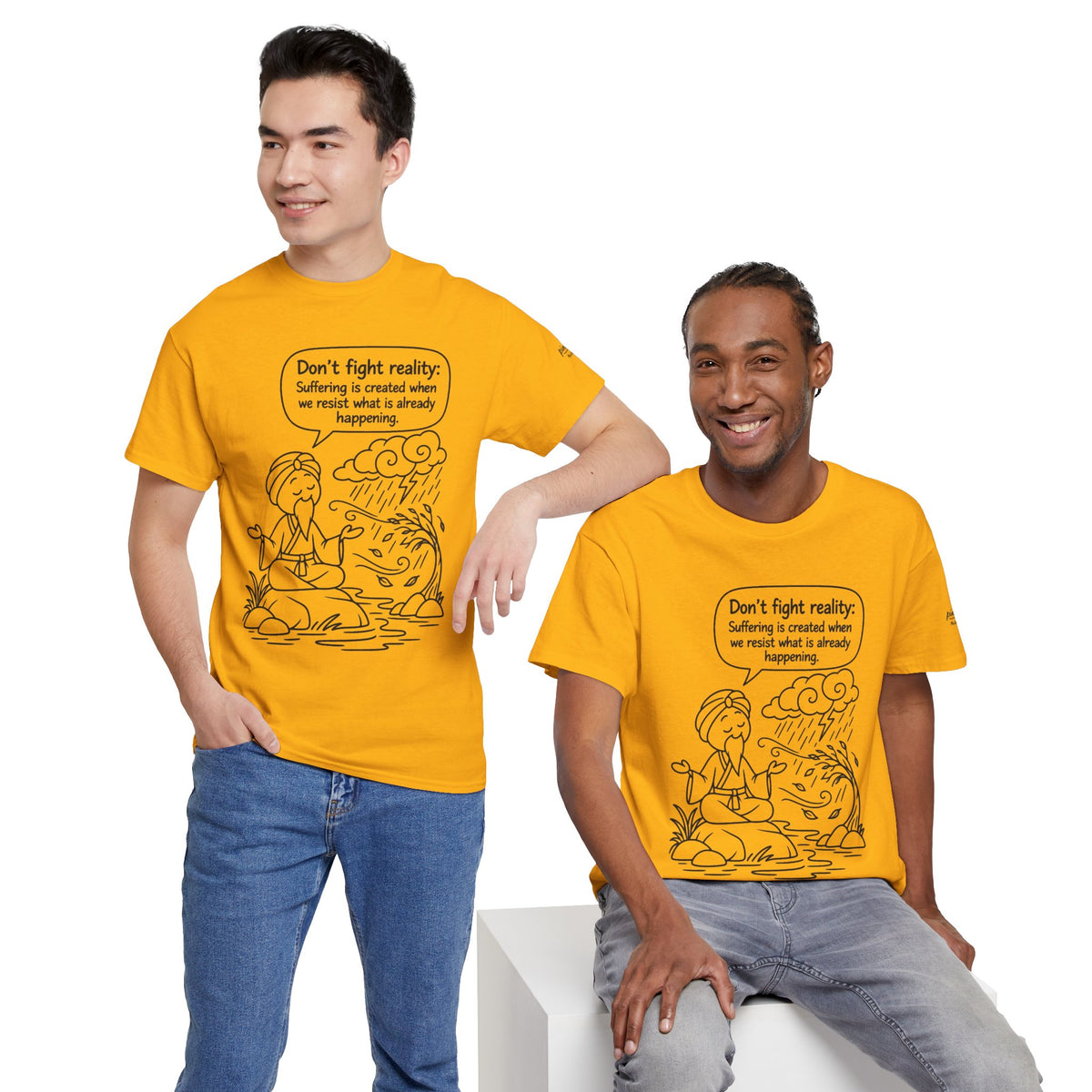 "Don't Fight Reality" Graphic T‑Shirt, Meditation Cartoon Tee
