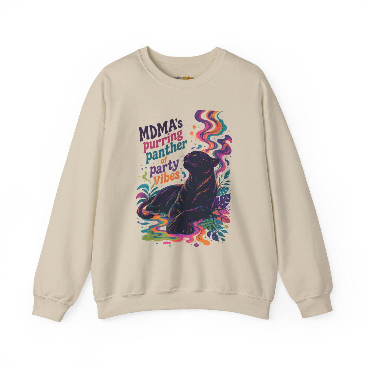 "MDMA's Purring Panther Party Vibes" - Psychedelic Black Panther Crewneck Sweatshirt