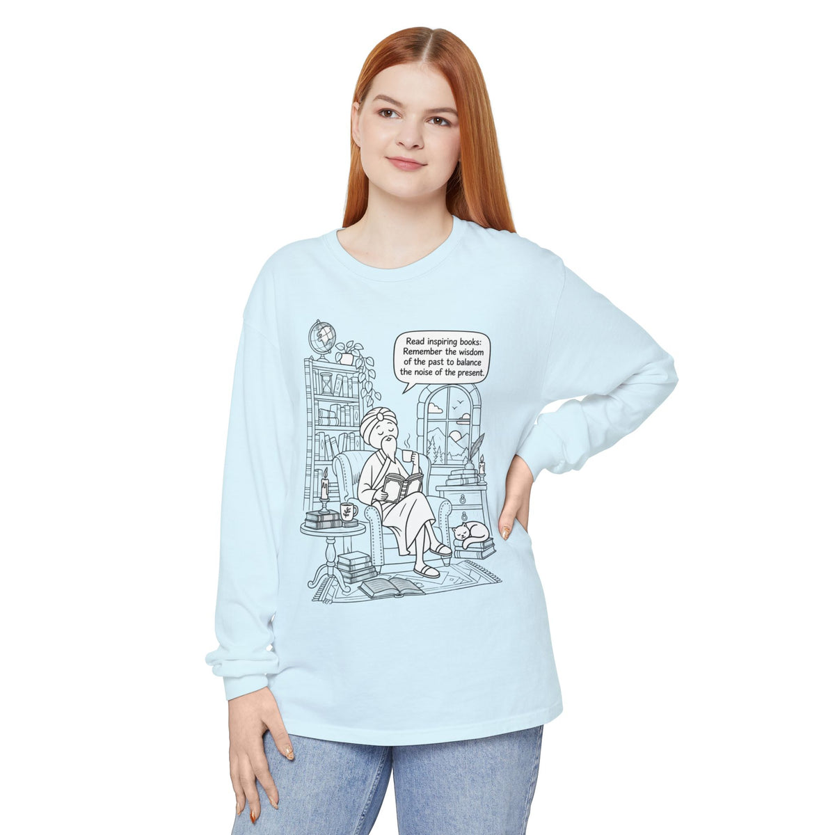 “Read inspiring books…” - Long Sleeve T‑Shirt — Cozy Reading Nook Design