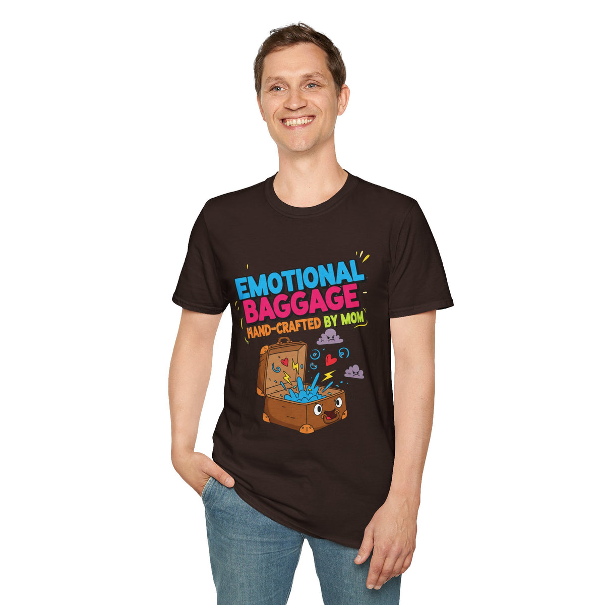 "Emotional Baggage T-Shirt — Hand-Crafted by Mom" Cute Cartoon Luggage Tee