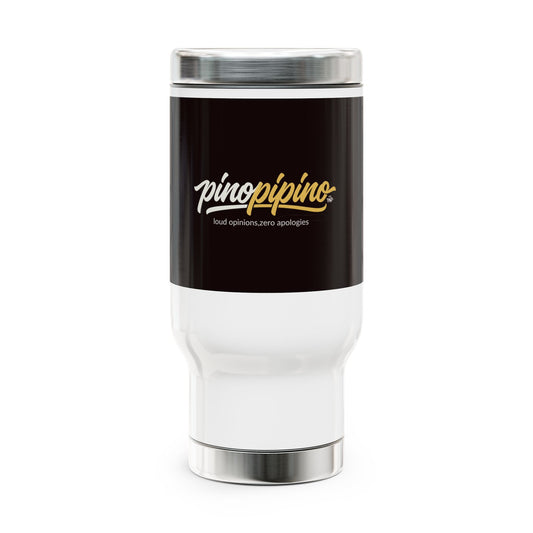 "pinppipino - loud opinions, zero aplologies" Stainless Steel Travel Mug with Handle, 14oz