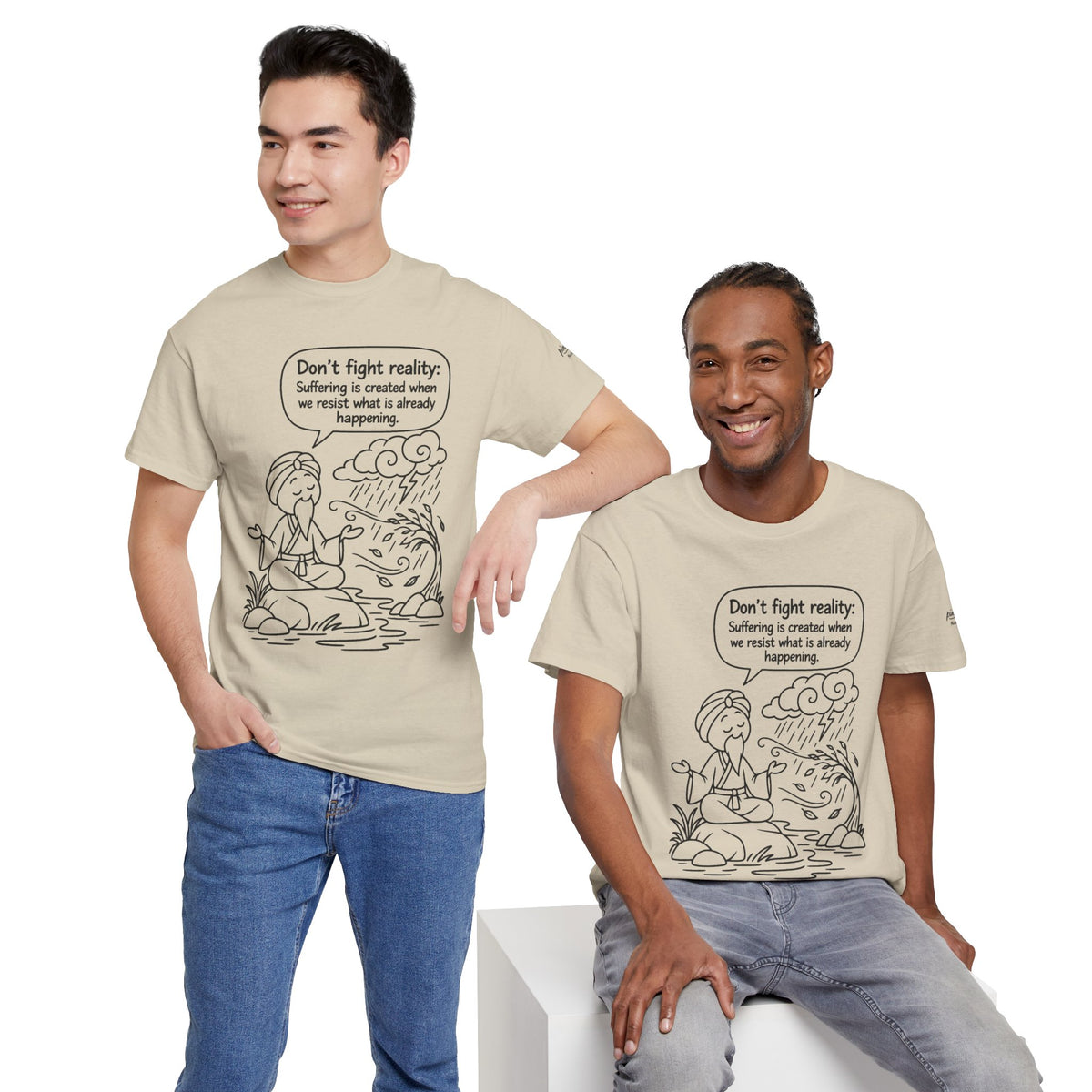"Don't Fight Reality" Graphic T‑Shirt, Meditation Cartoon Tee