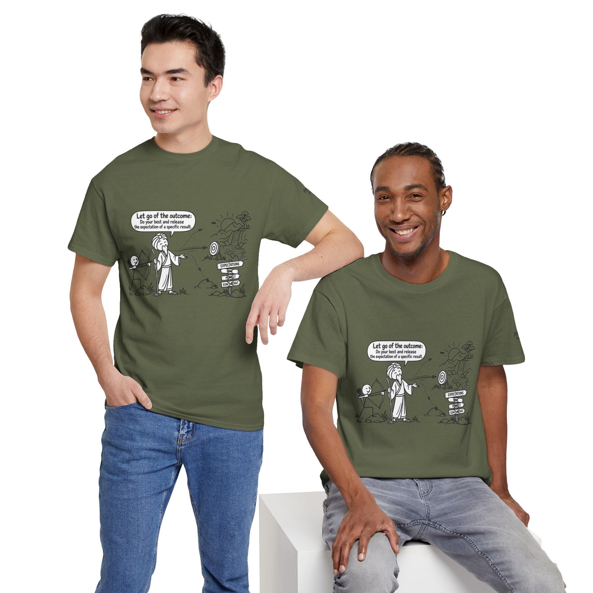 T-Shirt — Cartoon Zen Comic: "Let go of the outcome" Mindfulness Tee