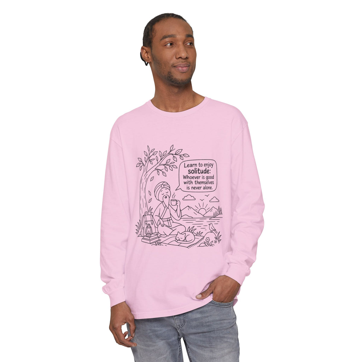 Long Sleeve T-Shirt — "Learn to Enjoy Solitude" Outdoor Meditation Graphic