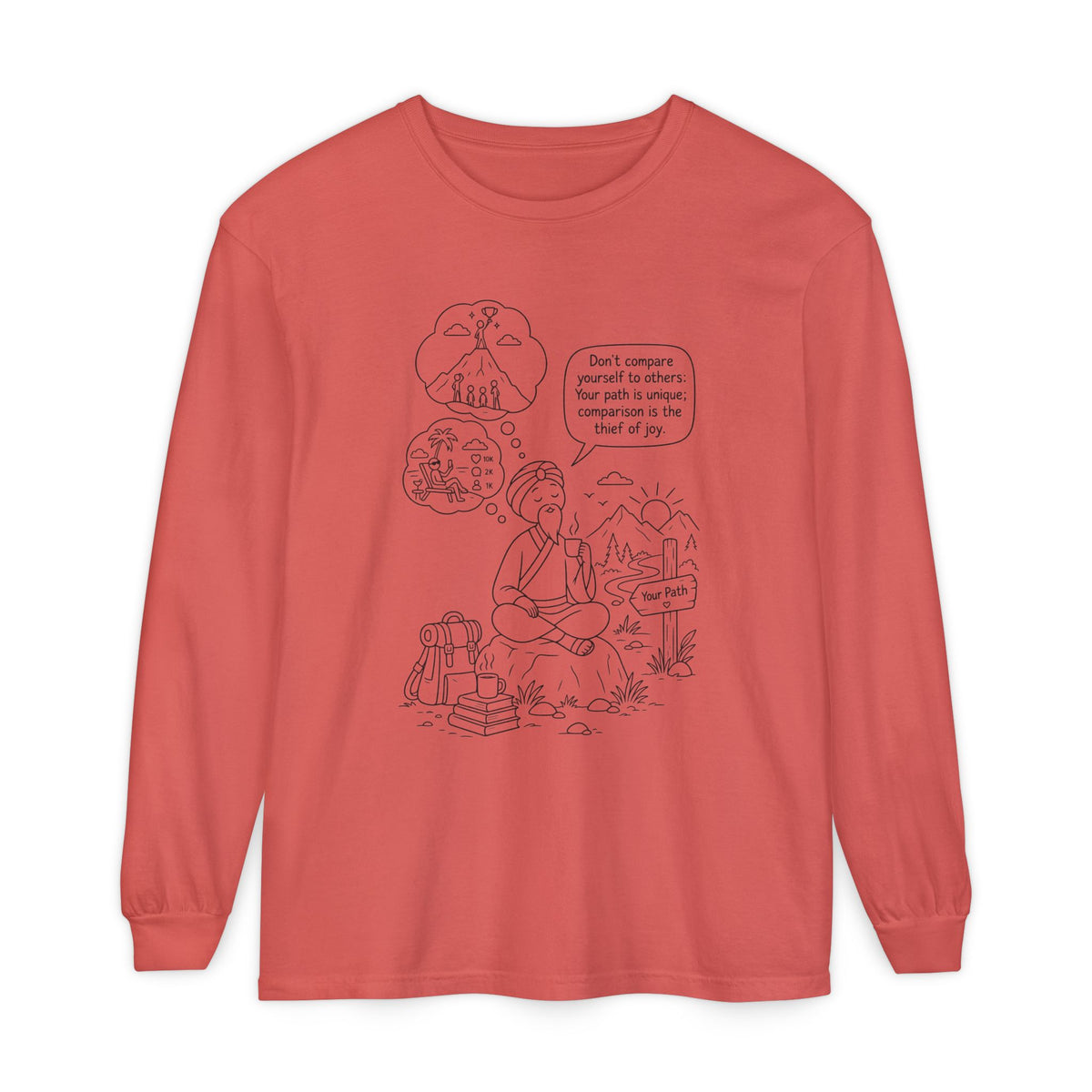 Hiker Comic Long Sleeve Tee — "Don’t Compare Yourself" Inspirational Outdoor Shirt