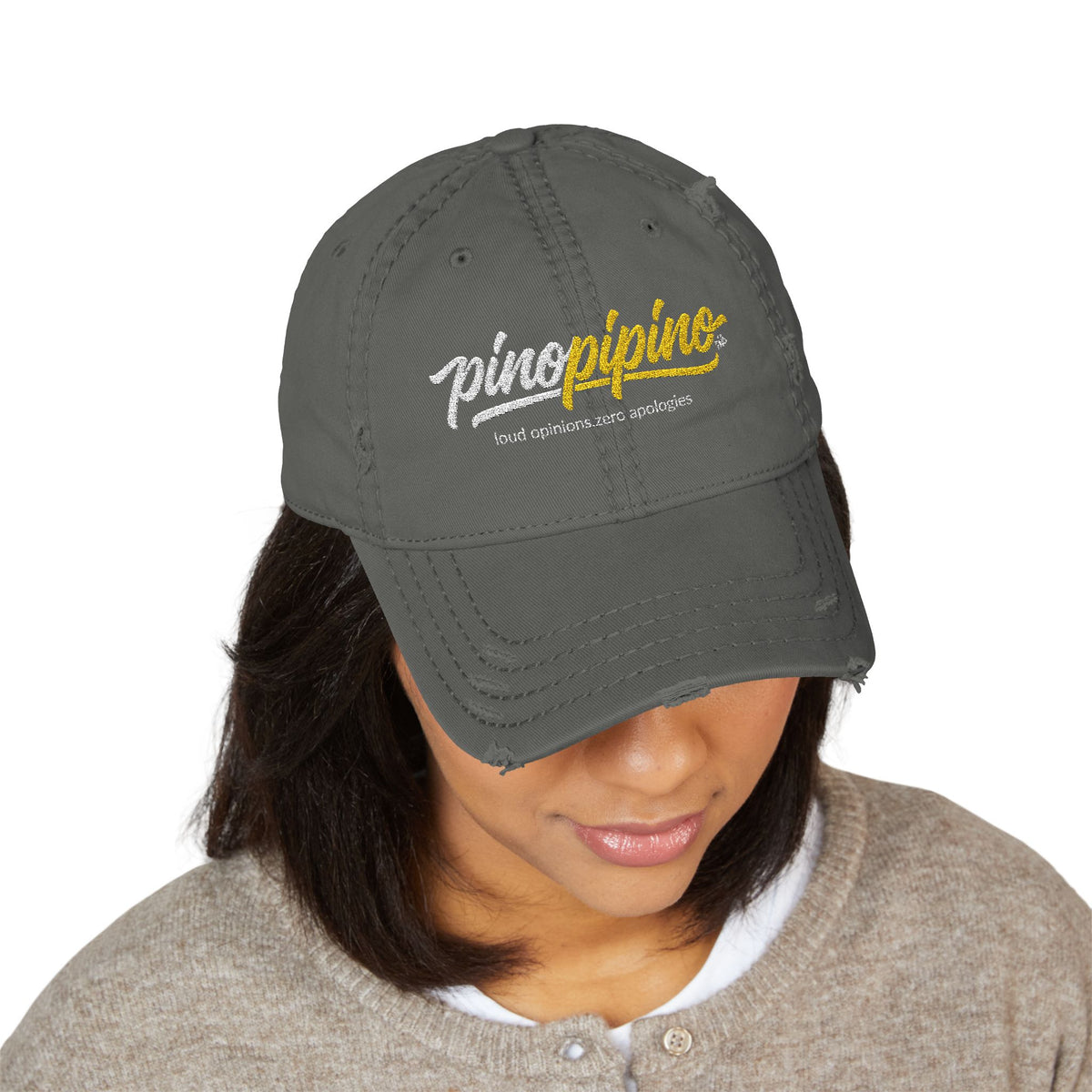 Distressed Embroidered Hat - Pinopipino Script Logo Cap