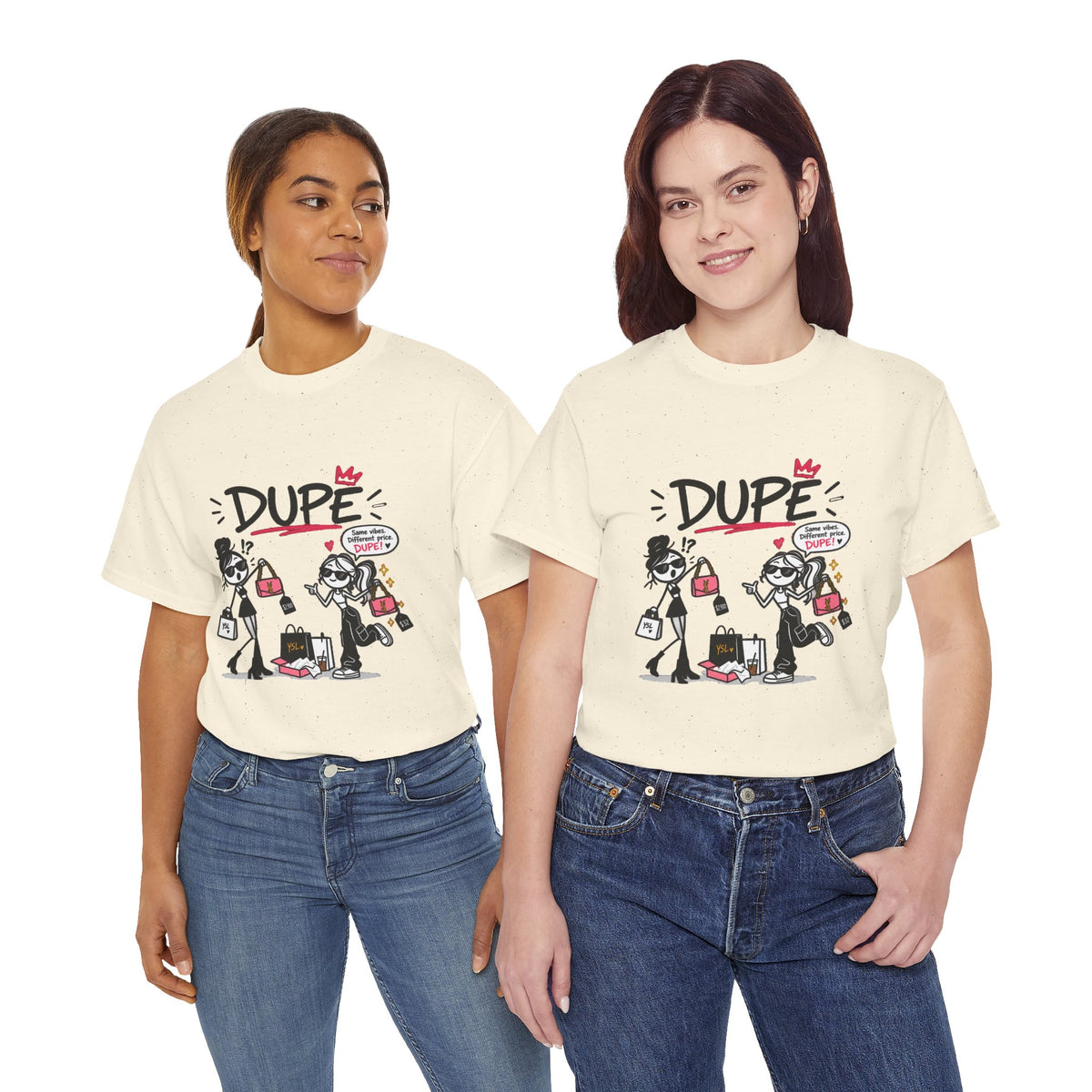 "Dupe" Shopping Cartoon Tee — Funny Gen Z Slang
