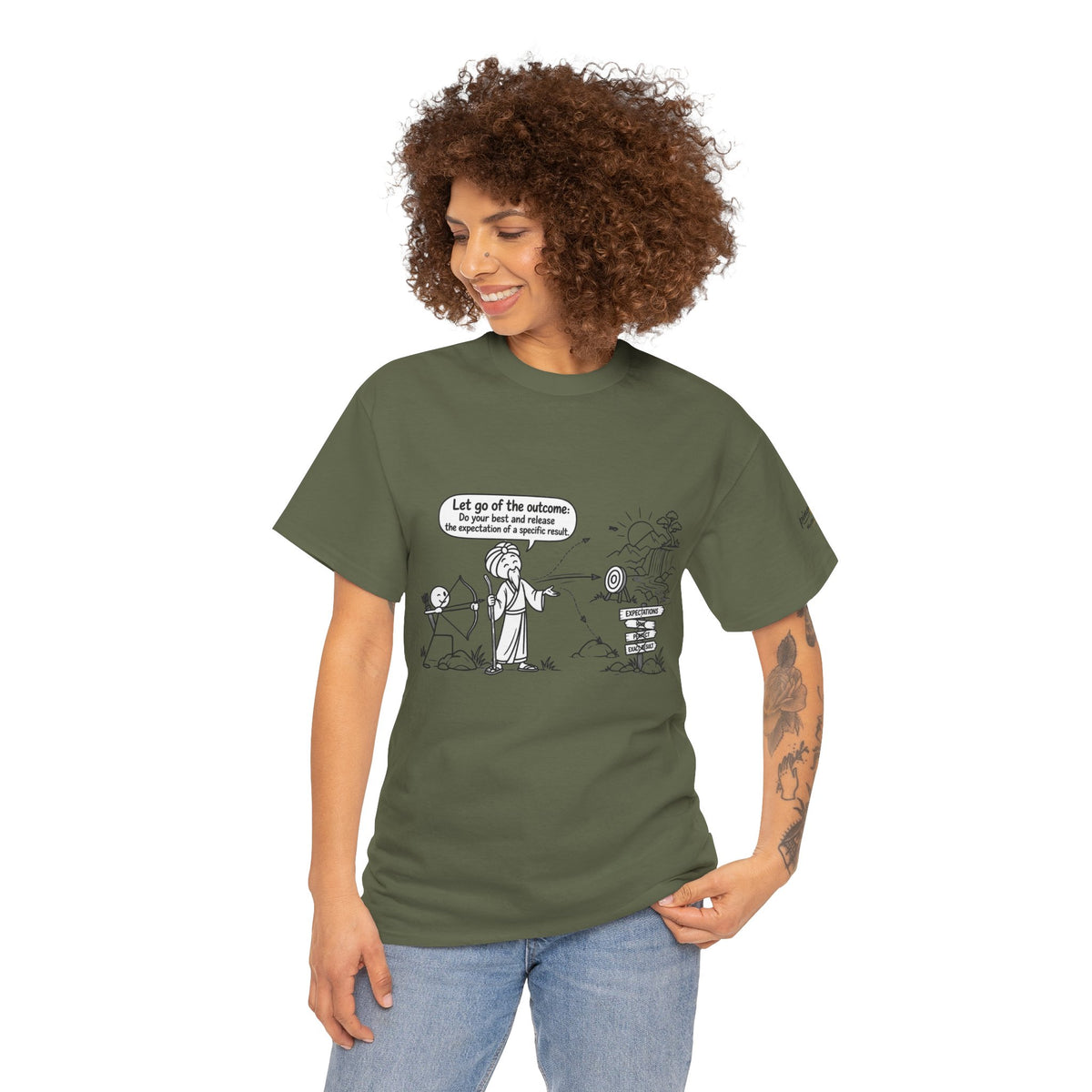 T-Shirt — Cartoon Zen Comic: "Let go of the outcome" Mindfulness Tee
