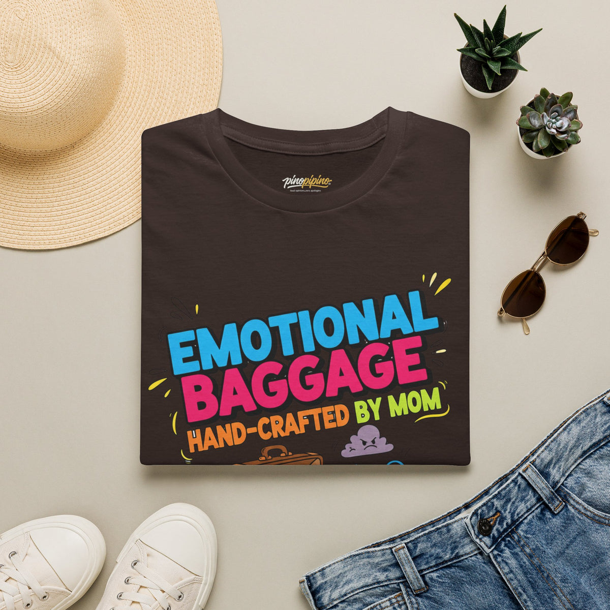 "Emotional Baggage T-Shirt — Hand-Crafted by Mom" Cute Cartoon Luggage Tee