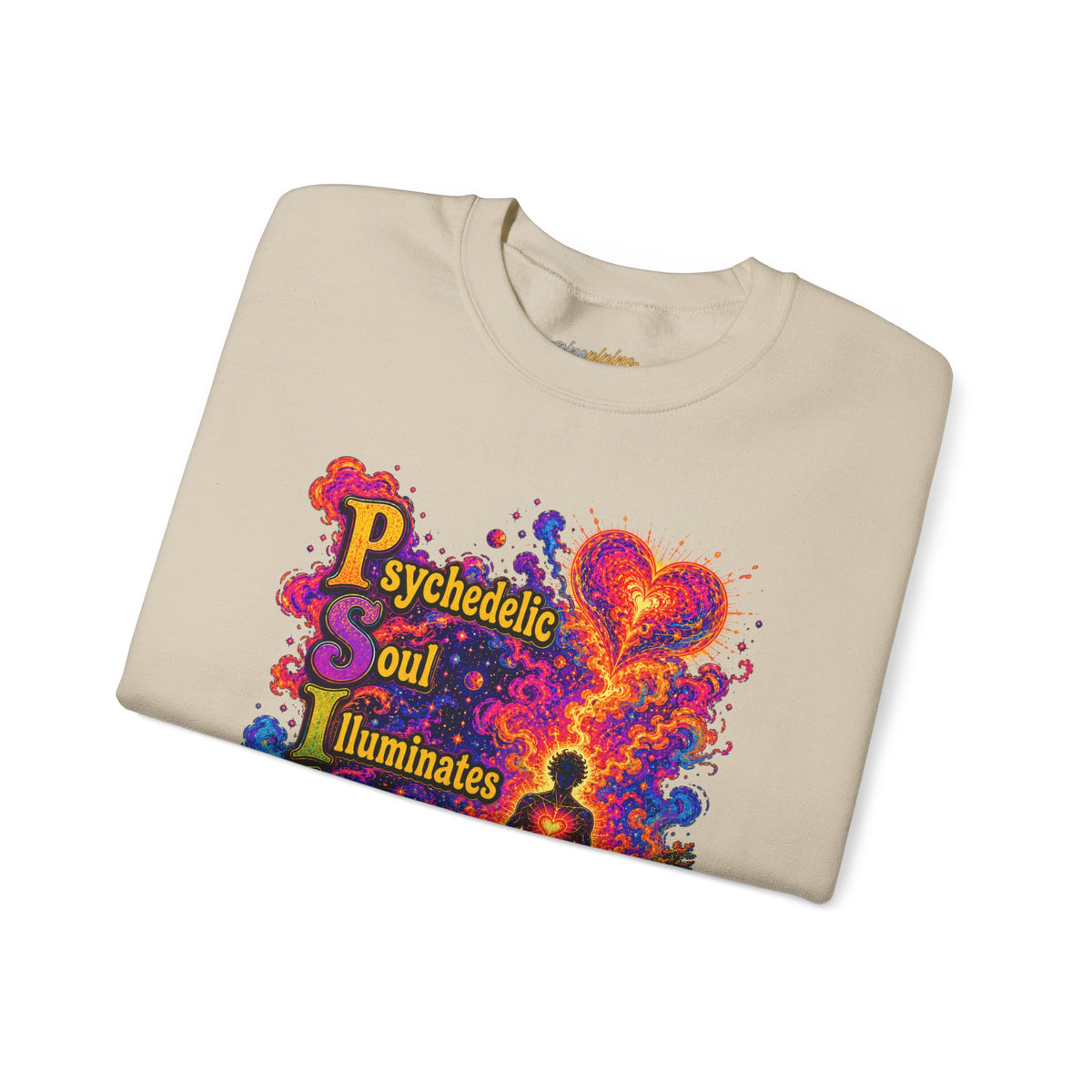 "PSILO - Psychedelic Soul Illuminates Love Only Crewneck Sweatshirt" — Retro Psychedelic Meditation Love Graphic