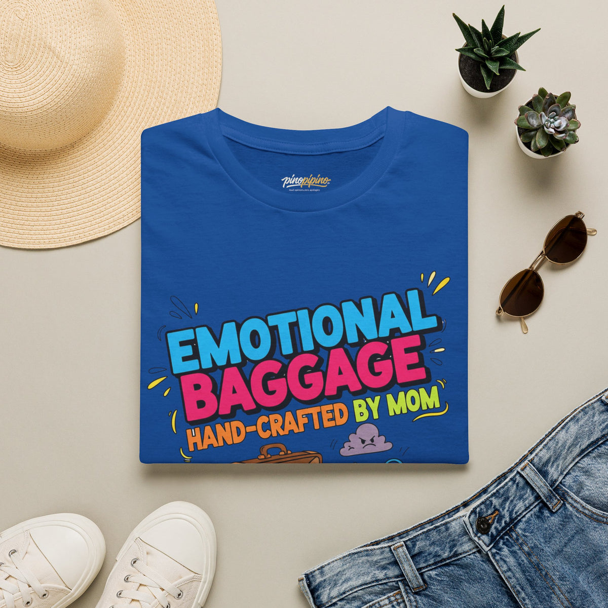 "Emotional Baggage T-Shirt — Hand-Crafted by Mom" Cute Cartoon Luggage Tee