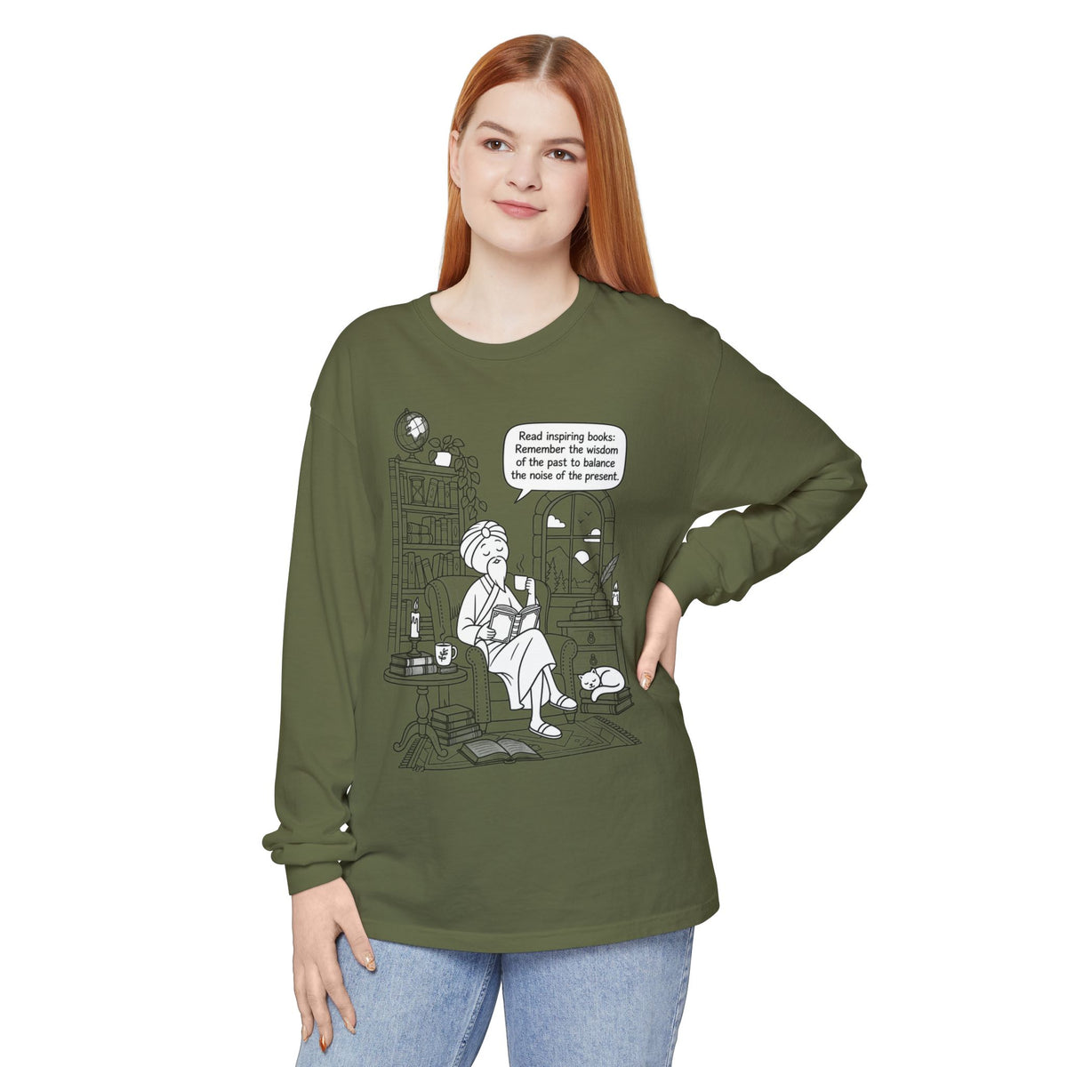 “Read inspiring books…” - Long Sleeve T‑Shirt — Cozy Reading Nook Design