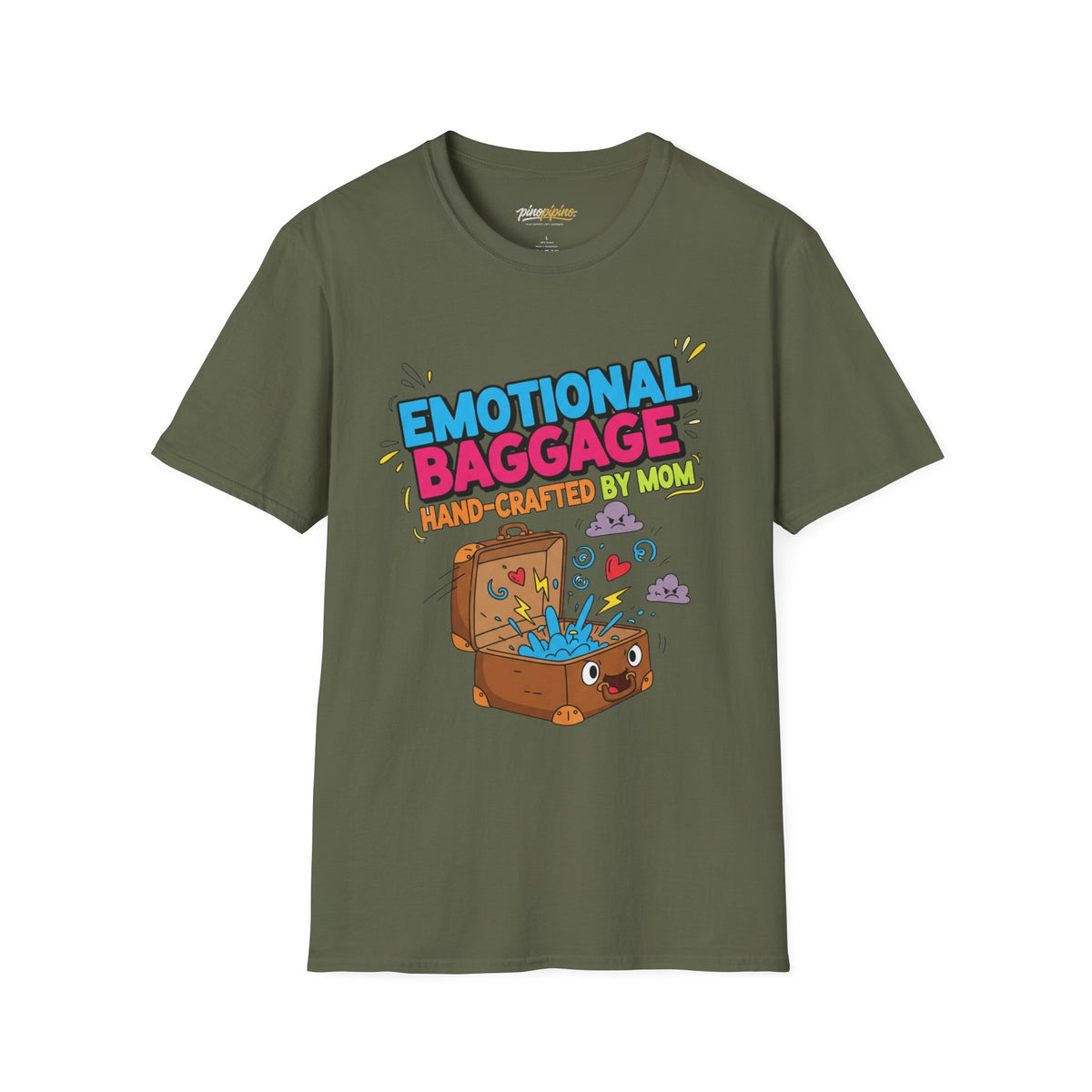 "Emotional Baggage T-Shirt — Hand-Crafted by Mom" Cute Cartoon Luggage Tee