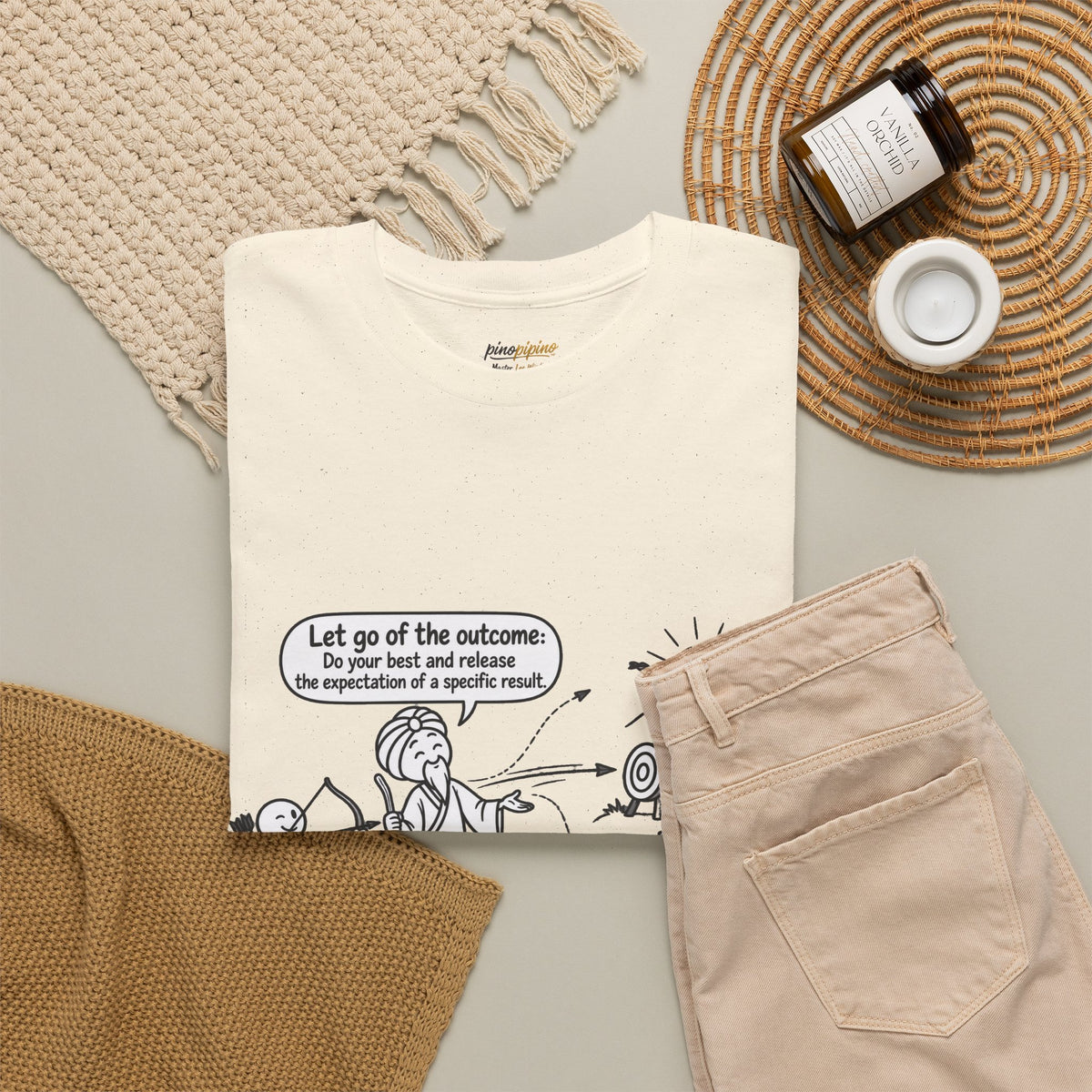 T-Shirt — Cartoon Zen Comic: "Let go of the outcome" Mindfulness Tee