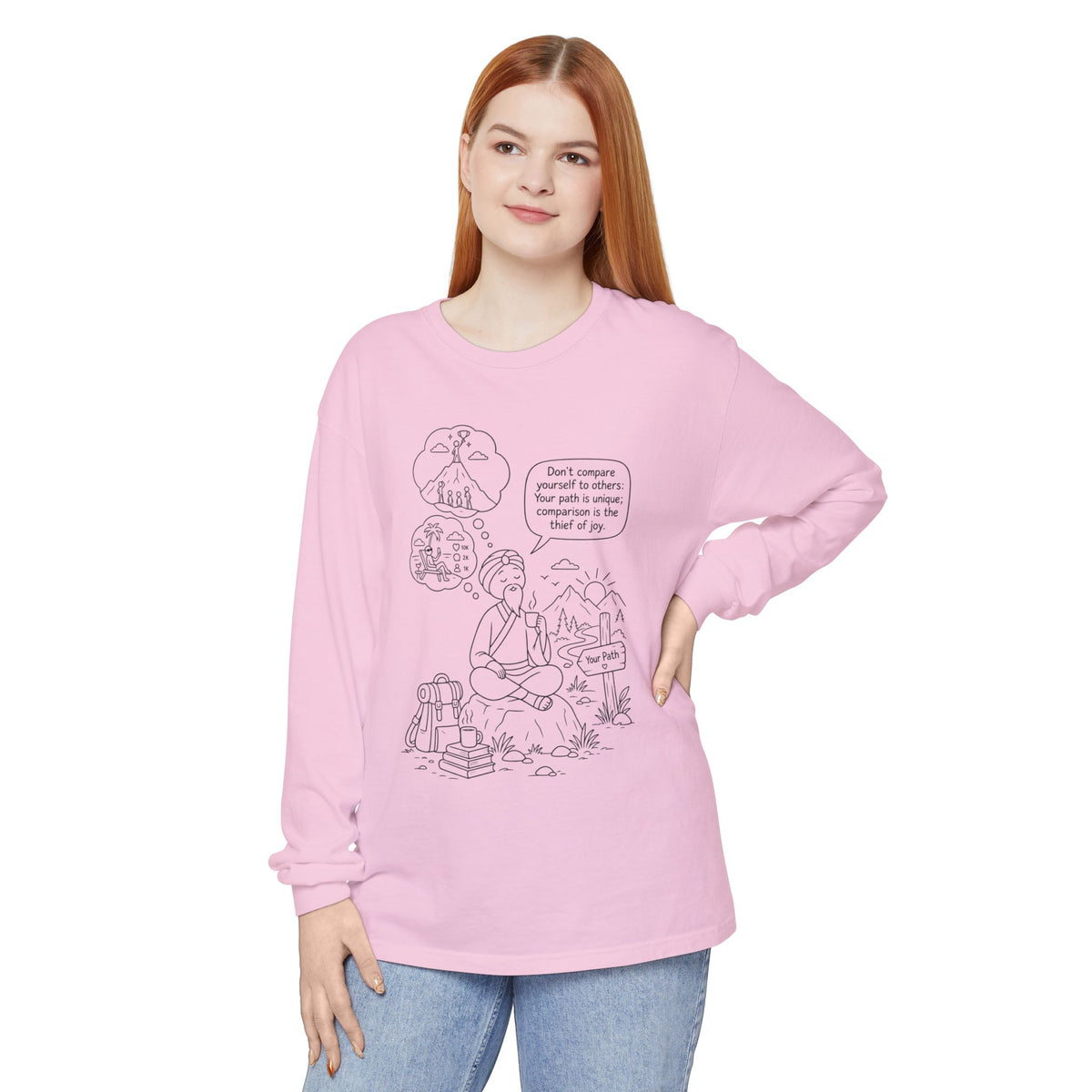 Hiker Comic Long Sleeve Tee — "Don’t Compare Yourself" Inspirational Outdoor Shirt