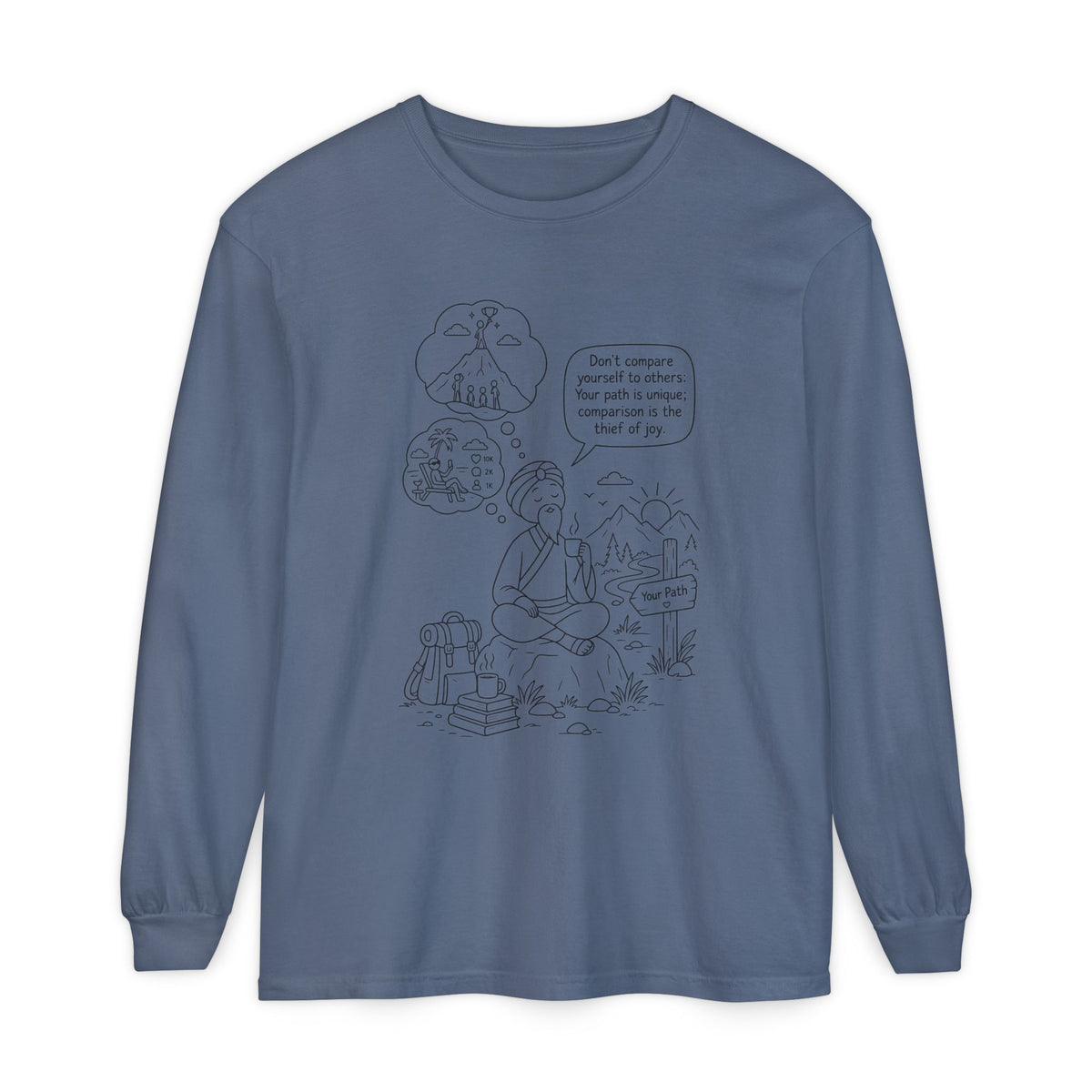 Hiker Comic Long Sleeve Tee — "Don’t Compare Yourself" Inspirational Outdoor Shirt