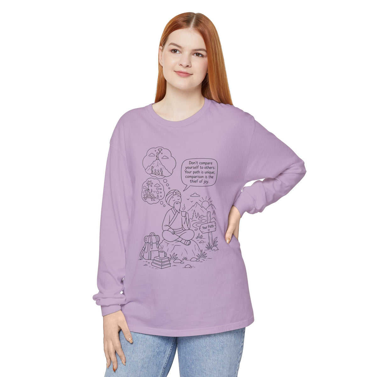 Hiker Comic Long Sleeve Tee — "Don’t Compare Yourself" Inspirational Outdoor Shirt