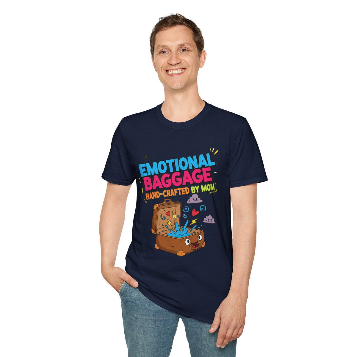 "Emotional Baggage T-Shirt — Hand-Crafted by Mom" Cute Cartoon Luggage Tee