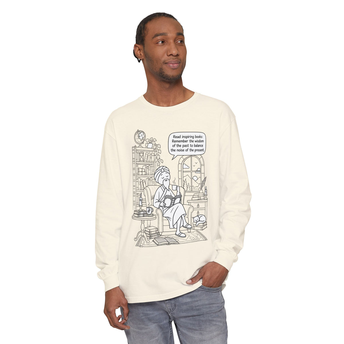 “Read inspiring books…” - Long Sleeve T‑Shirt — Cozy Reading Nook Design
