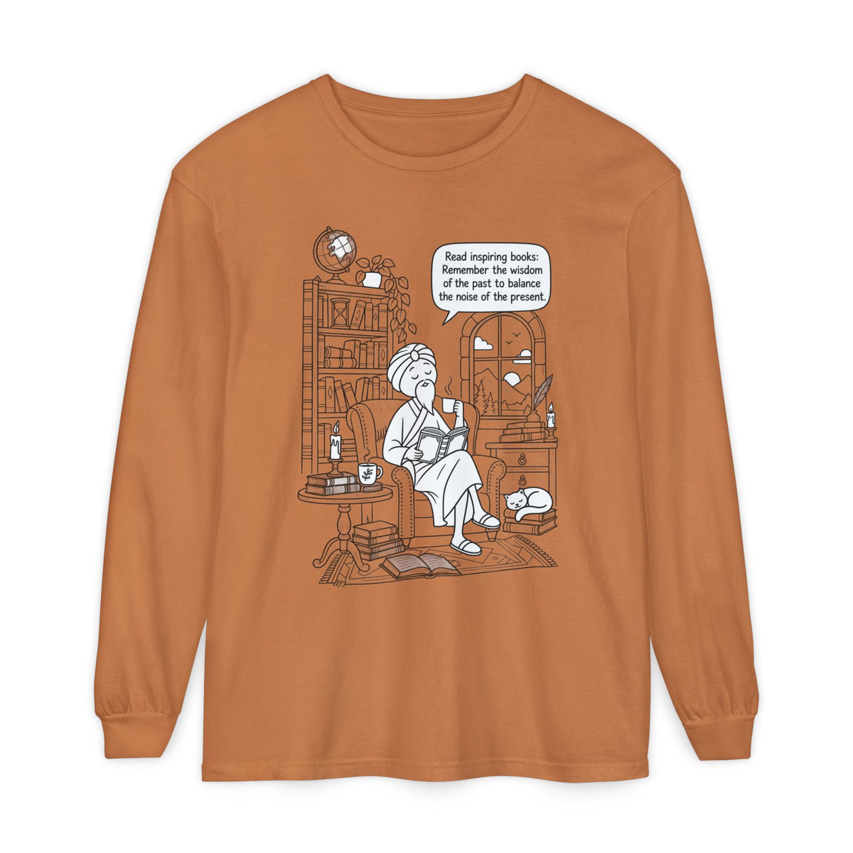“Read inspiring books…” - Long Sleeve T‑Shirt — Cozy Reading Nook Design