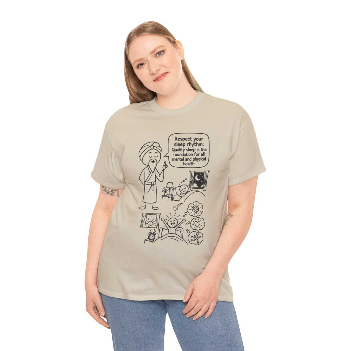 Yoga Philosophy Graphic Tee — "Respect Your Sleep Rhythm" Mindful Illustration T-Shirt
