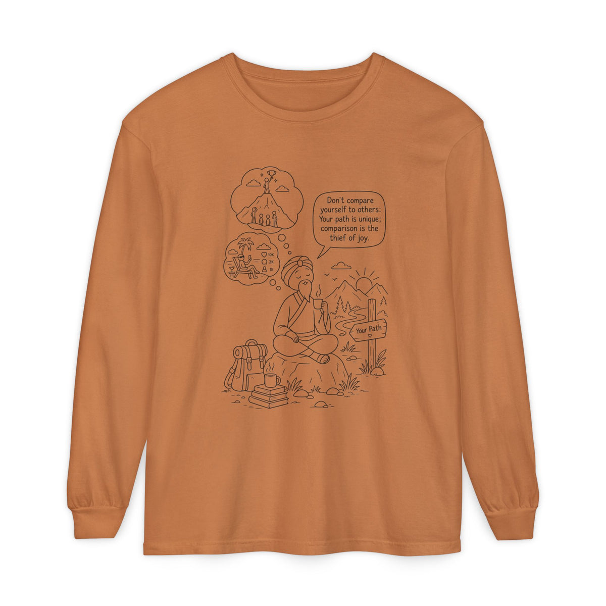 Hiker Comic Long Sleeve Tee — "Don’t Compare Yourself" Inspirational Outdoor Shirt