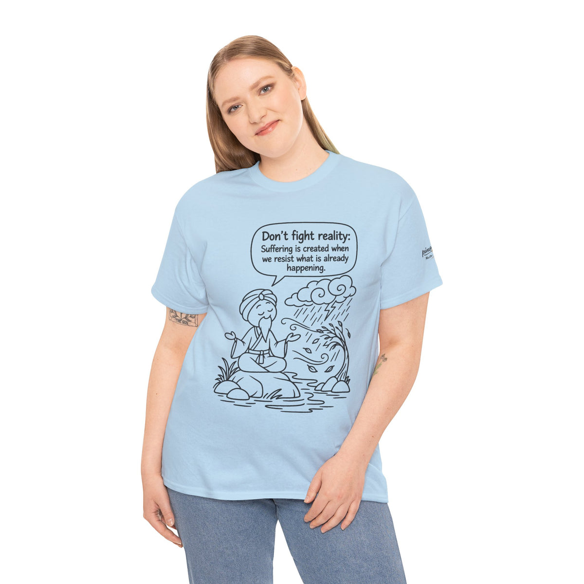 "Don't Fight Reality" Graphic T‑Shirt, Meditation Cartoon Tee