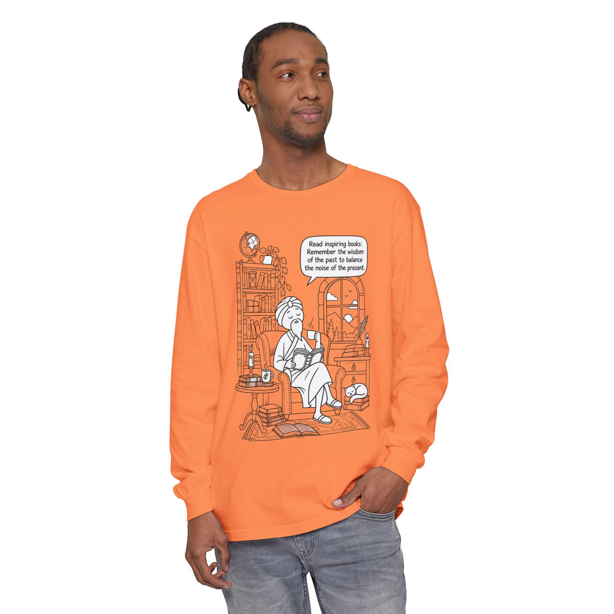 “Read inspiring books…” - Long Sleeve T‑Shirt — Cozy Reading Nook Design