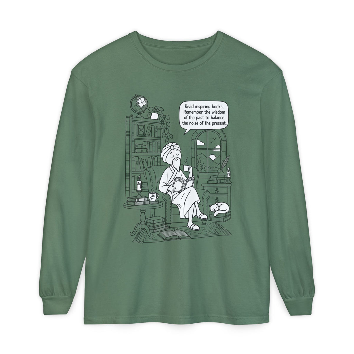 “Read inspiring books…” - Long Sleeve T‑Shirt — Cozy Reading Nook Design