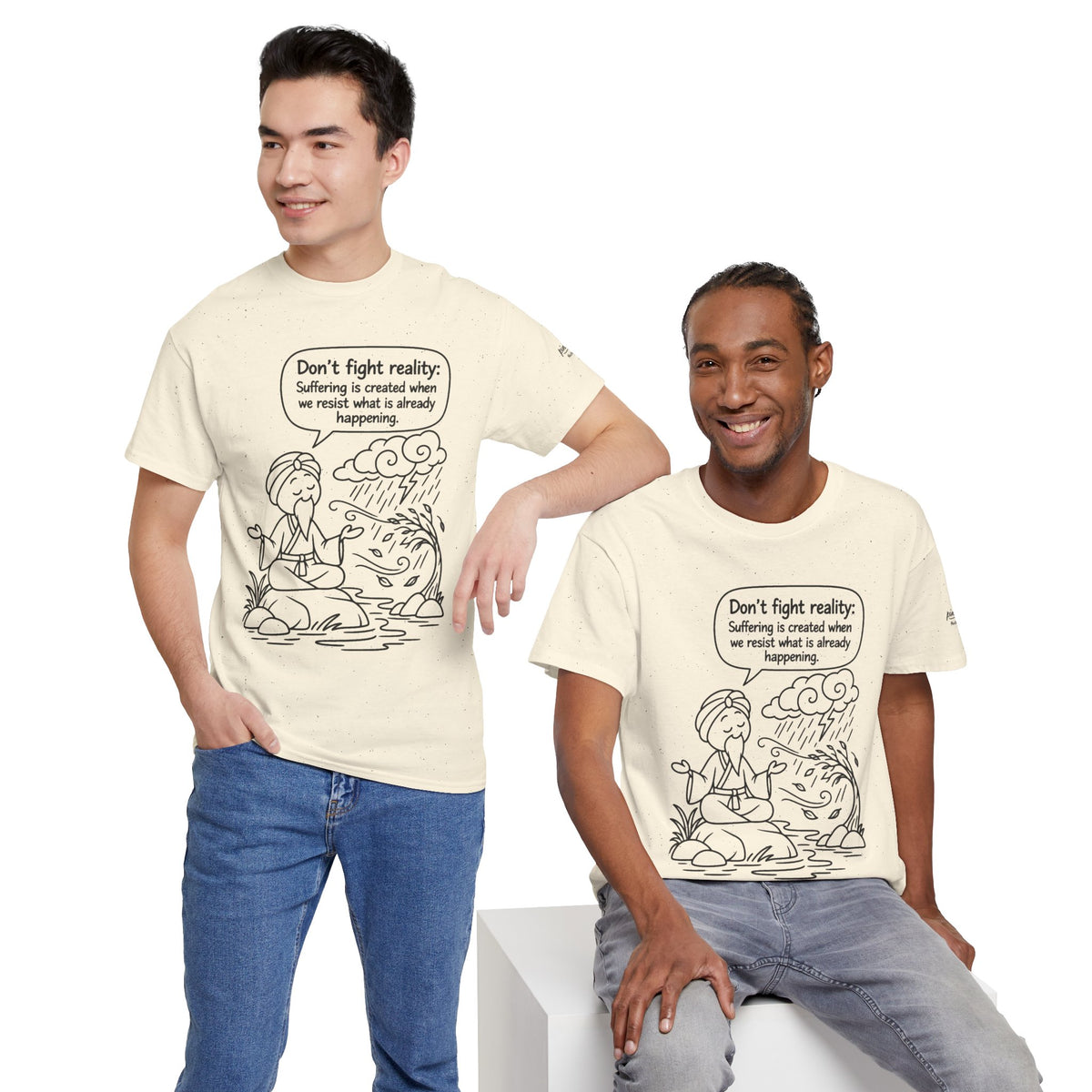 "Don't Fight Reality" Graphic T‑Shirt, Meditation Cartoon Tee