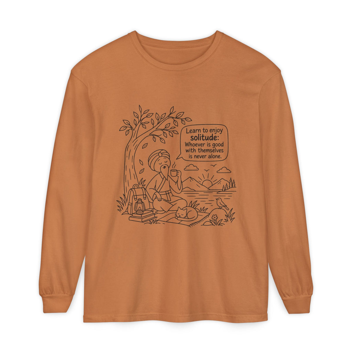 Long Sleeve T-Shirt — "Learn to Enjoy Solitude" Outdoor Meditation Graphic