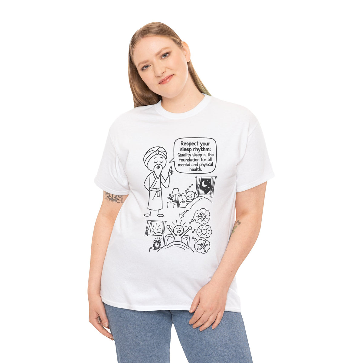 Yoga Philosophy Graphic Tee — "Respect Your Sleep Rhythm" Mindful Illustration T-Shirt