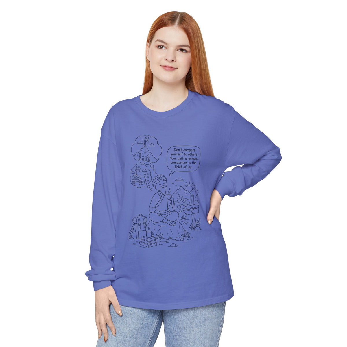 Hiker Comic Long Sleeve Tee — "Don’t Compare Yourself" Inspirational Outdoor Shirt
