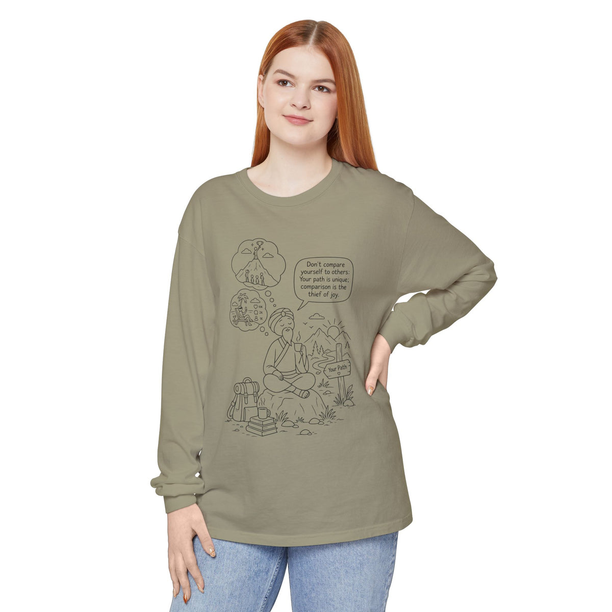 Hiker Comic Long Sleeve Tee — "Don’t Compare Yourself" Inspirational Outdoor Shirt