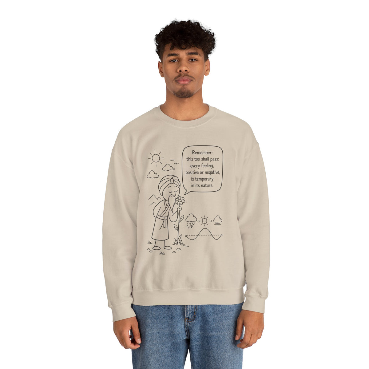 Inspirational Quote Crewneck Sweatshirt — "Remember this too shall pass" Minimal Line Art