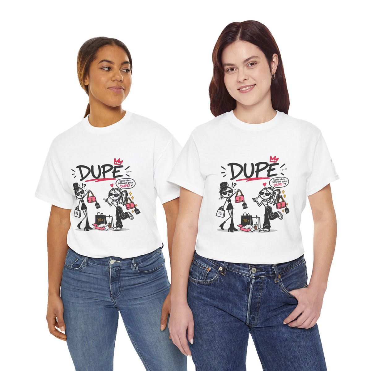 "Dupe" Shopping Cartoon Tee — Funny Gen Z Slang