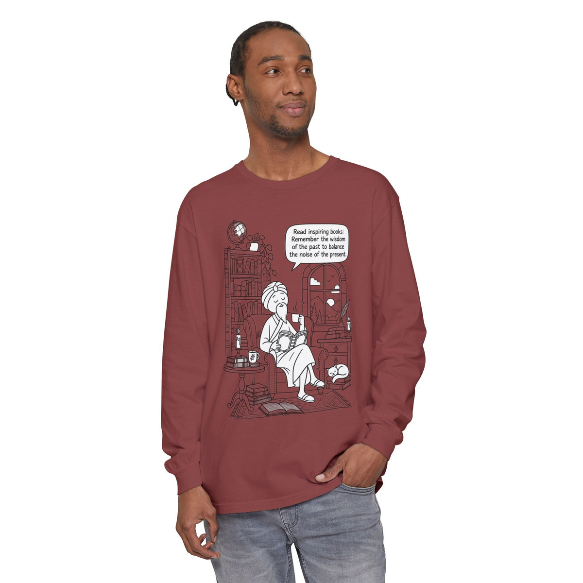 “Read inspiring books…” - Long Sleeve T‑Shirt — Cozy Reading Nook Design