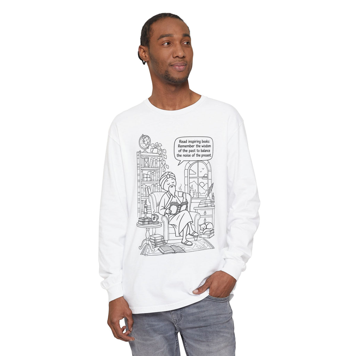 “Read inspiring books…” - Long Sleeve T‑Shirt — Cozy Reading Nook Design