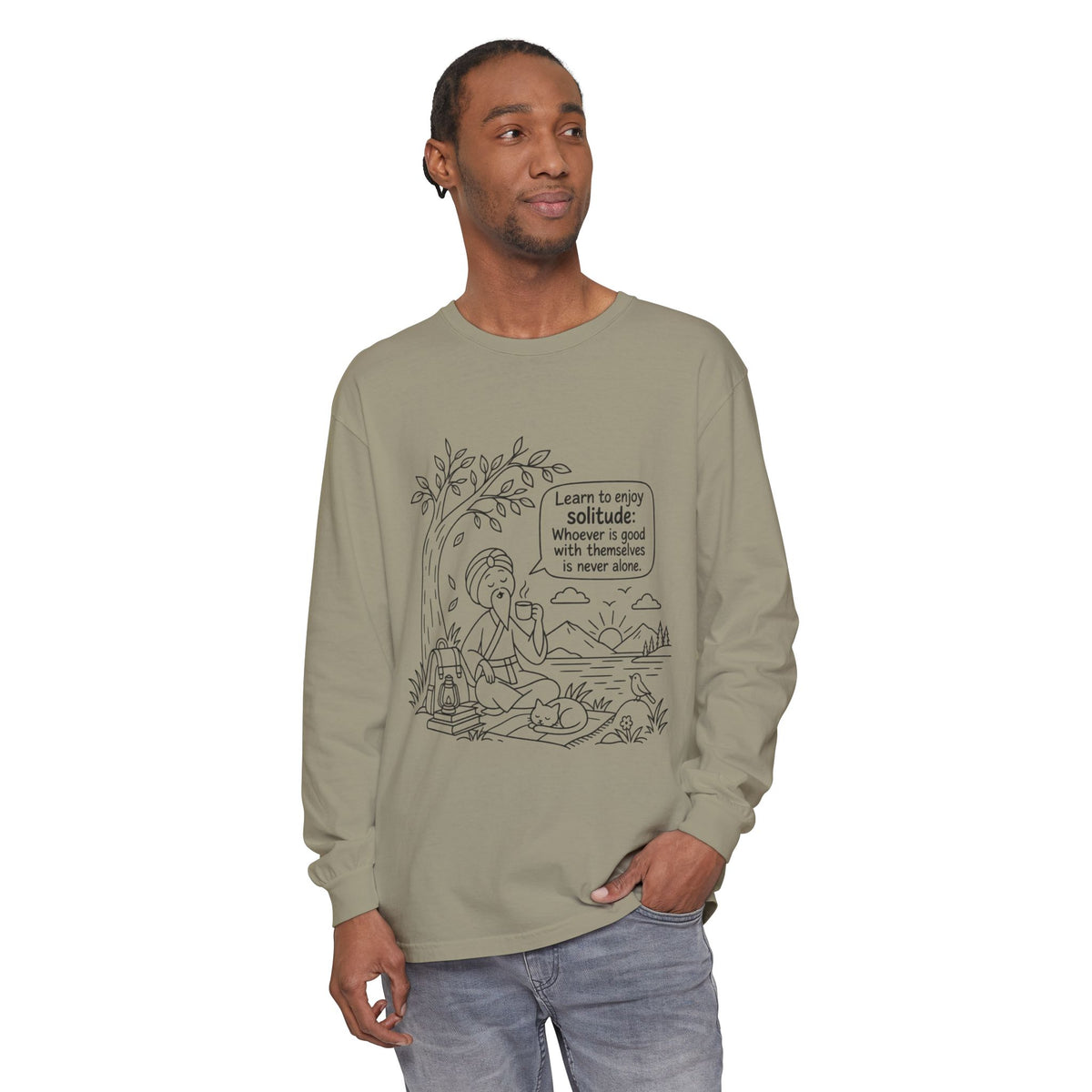 Long Sleeve T-Shirt — "Learn to Enjoy Solitude" Outdoor Meditation Graphic