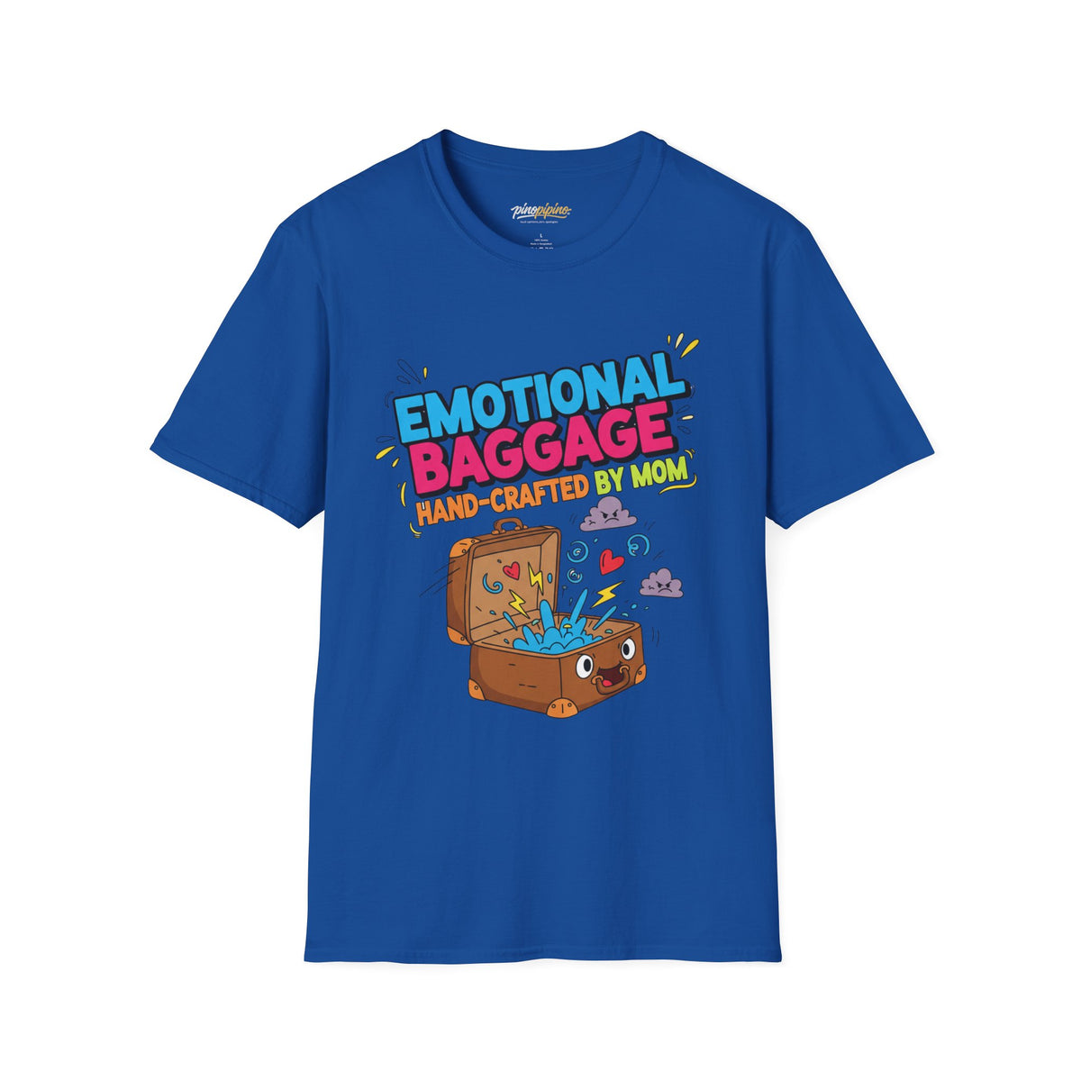 "Emotional Baggage T-Shirt — Hand-Crafted by Mom" Cute Cartoon Luggage Tee