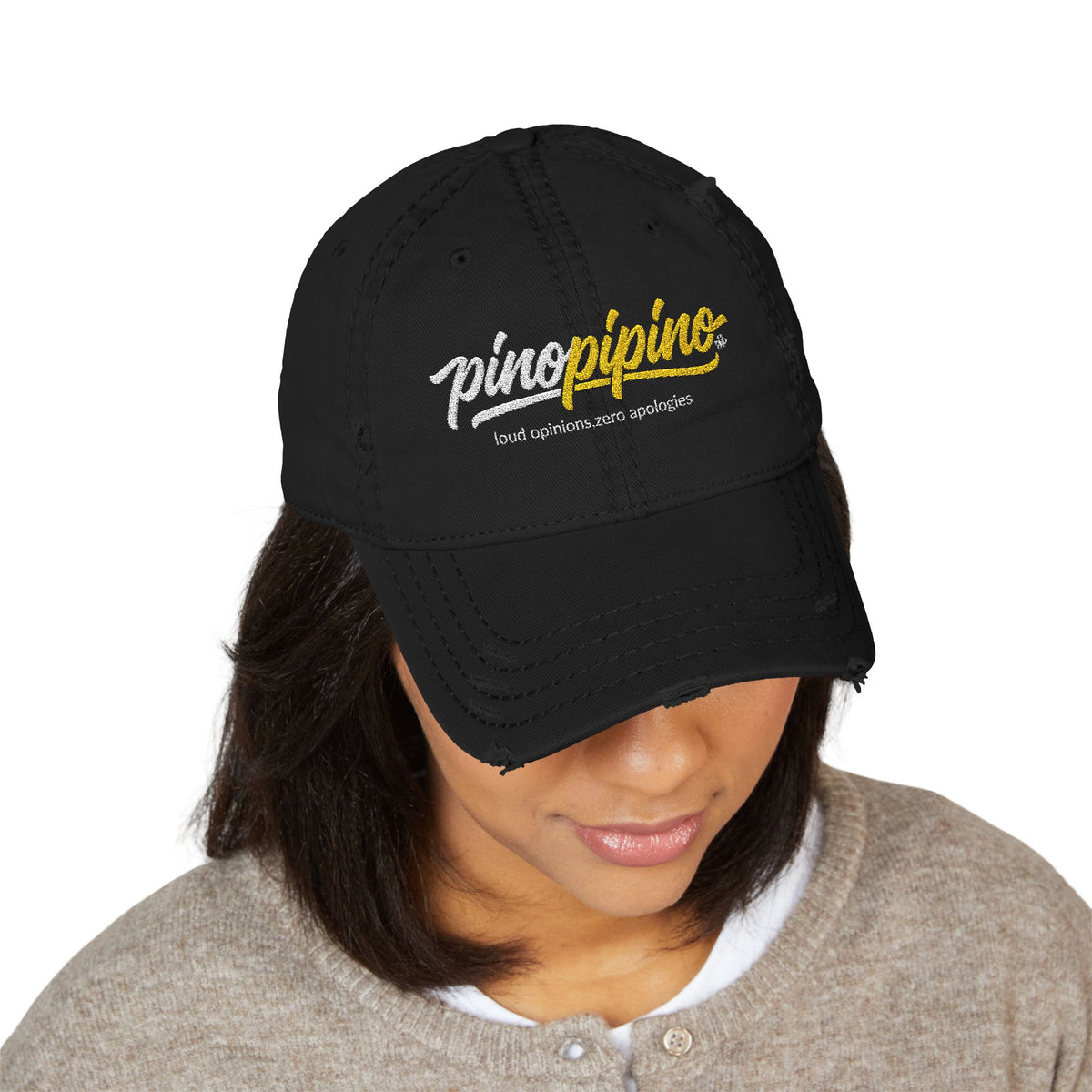 Distressed Embroidered Hat - Pinopipino Script Logo Cap