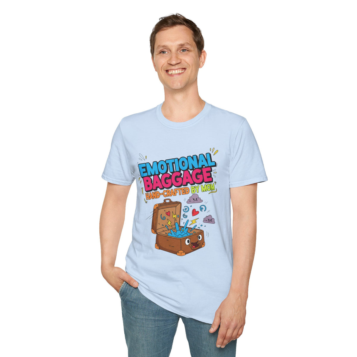 "Emotional Baggage T-Shirt — Hand-Crafted by Mom" Cute Cartoon Luggage Tee
