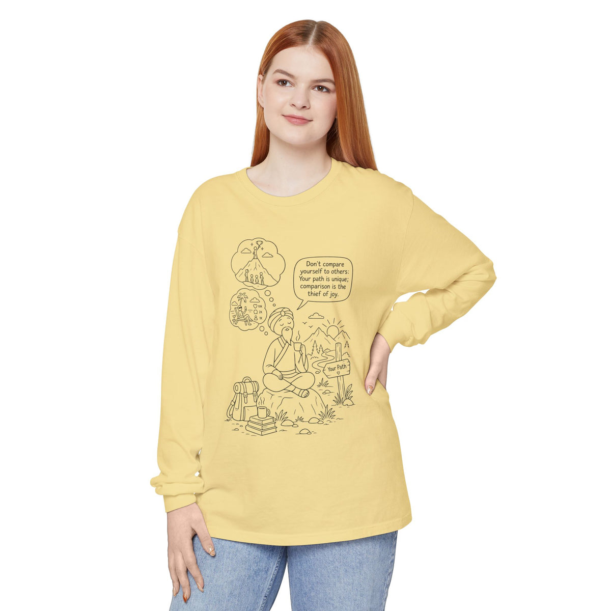Hiker Comic Long Sleeve Tee — "Don’t Compare Yourself" Inspirational Outdoor Shirt