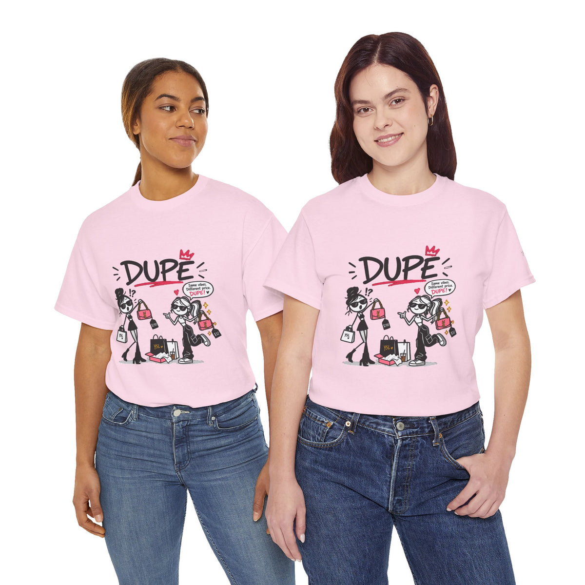 "Dupe" Shopping Cartoon Tee — Funny Gen Z Slang