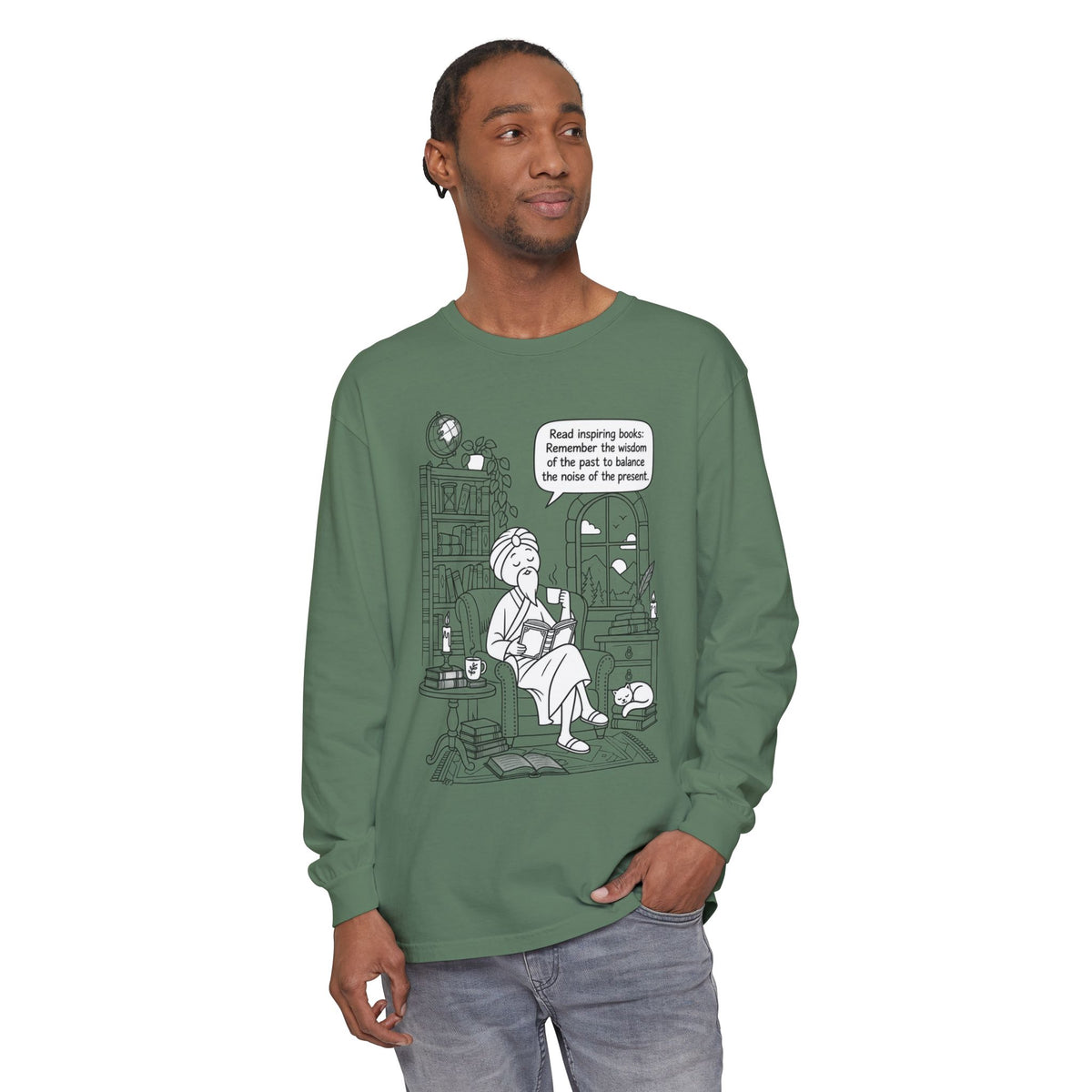 “Read inspiring books…” - Long Sleeve T‑Shirt — Cozy Reading Nook Design