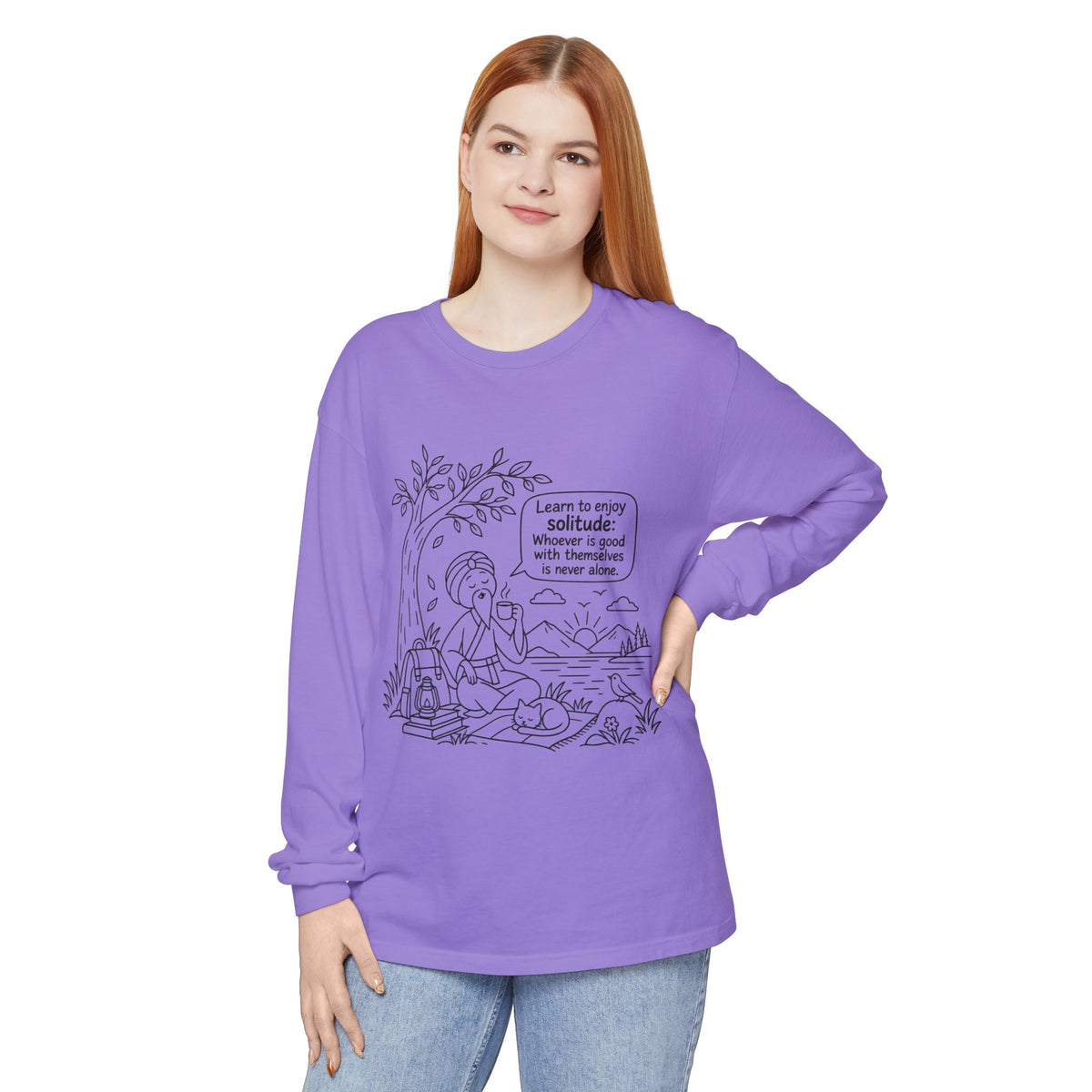 Long Sleeve T-Shirt — "Learn to Enjoy Solitude" Outdoor Meditation Graphic