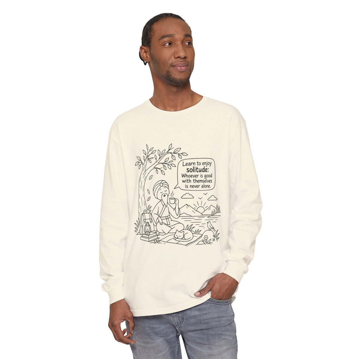 Long Sleeve T-Shirt — "Learn to Enjoy Solitude" Outdoor Meditation Graphic