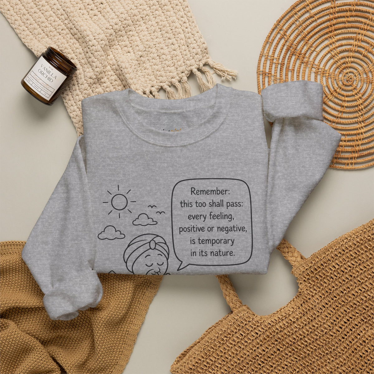 Inspirational Quote Crewneck Sweatshirt — "Remember this too shall pass" Minimal Line Art