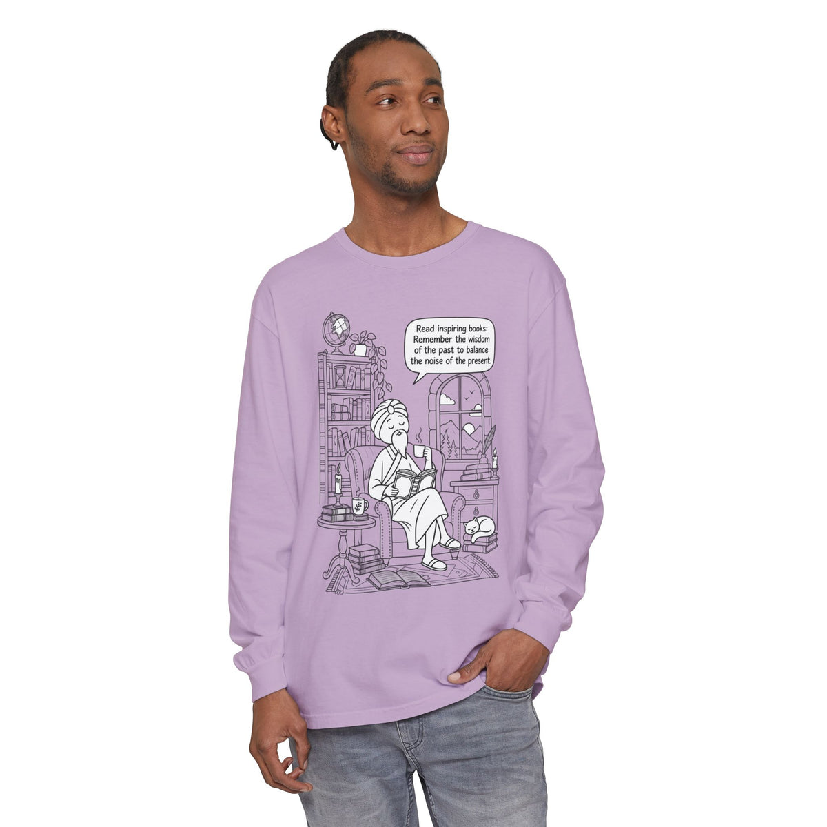 “Read inspiring books…” - Long Sleeve T‑Shirt — Cozy Reading Nook Design