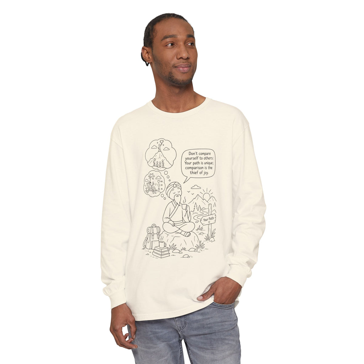 Hiker Comic Long Sleeve Tee — "Don’t Compare Yourself" Inspirational Outdoor Shirt